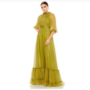 Mac Duggal Chiffon Ruched Raglan Sleeve Ruffle Gown Olive Size 16